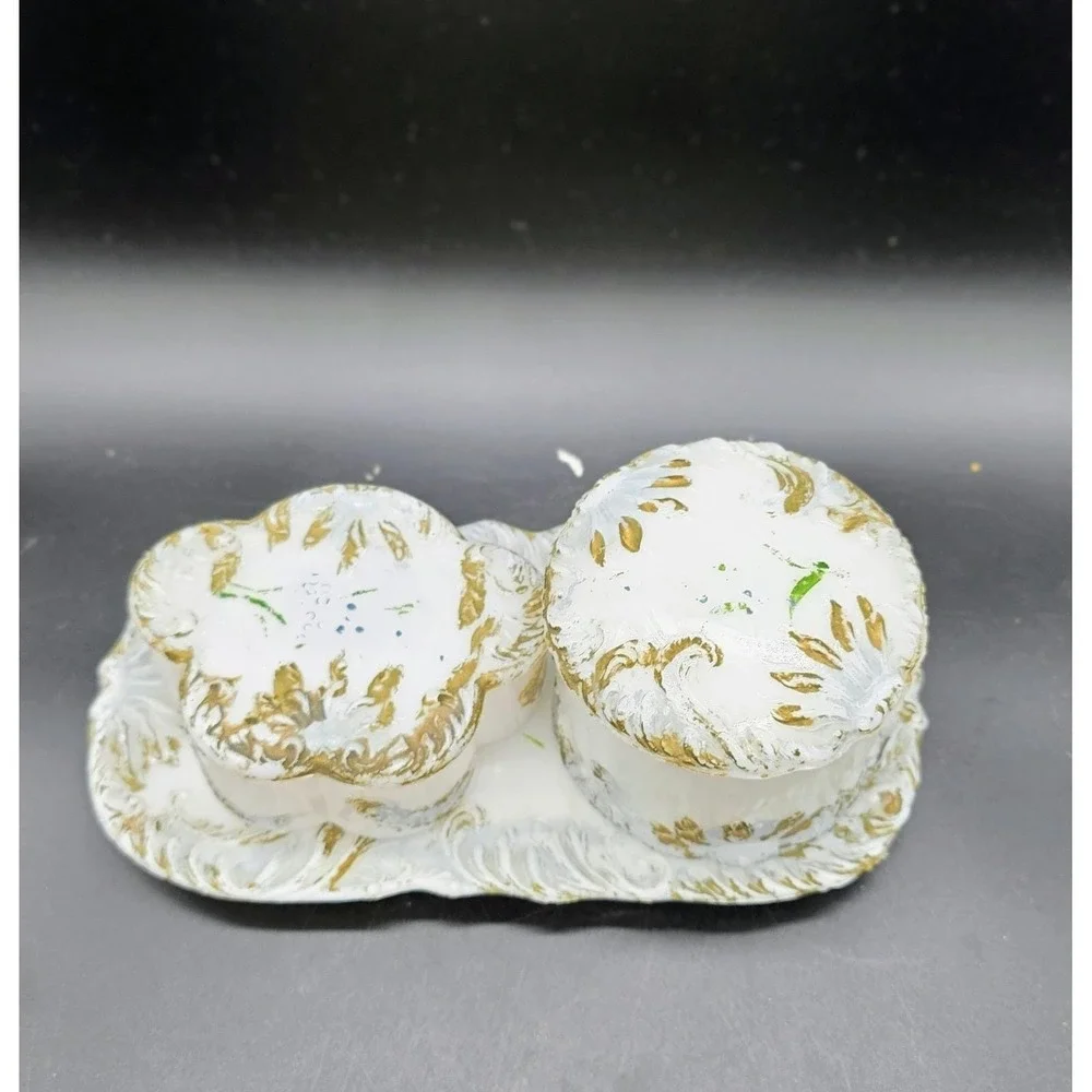 Antique Dithridge EAPG Milk Glass Vanity Set Powder Jar Trinket Box Tray 9